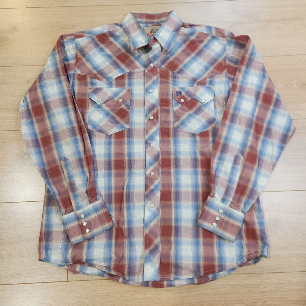 Wrangler Western Shirt Mens Medium Red Blue Plaid Pearl Snap Long Sleeve Cowboy